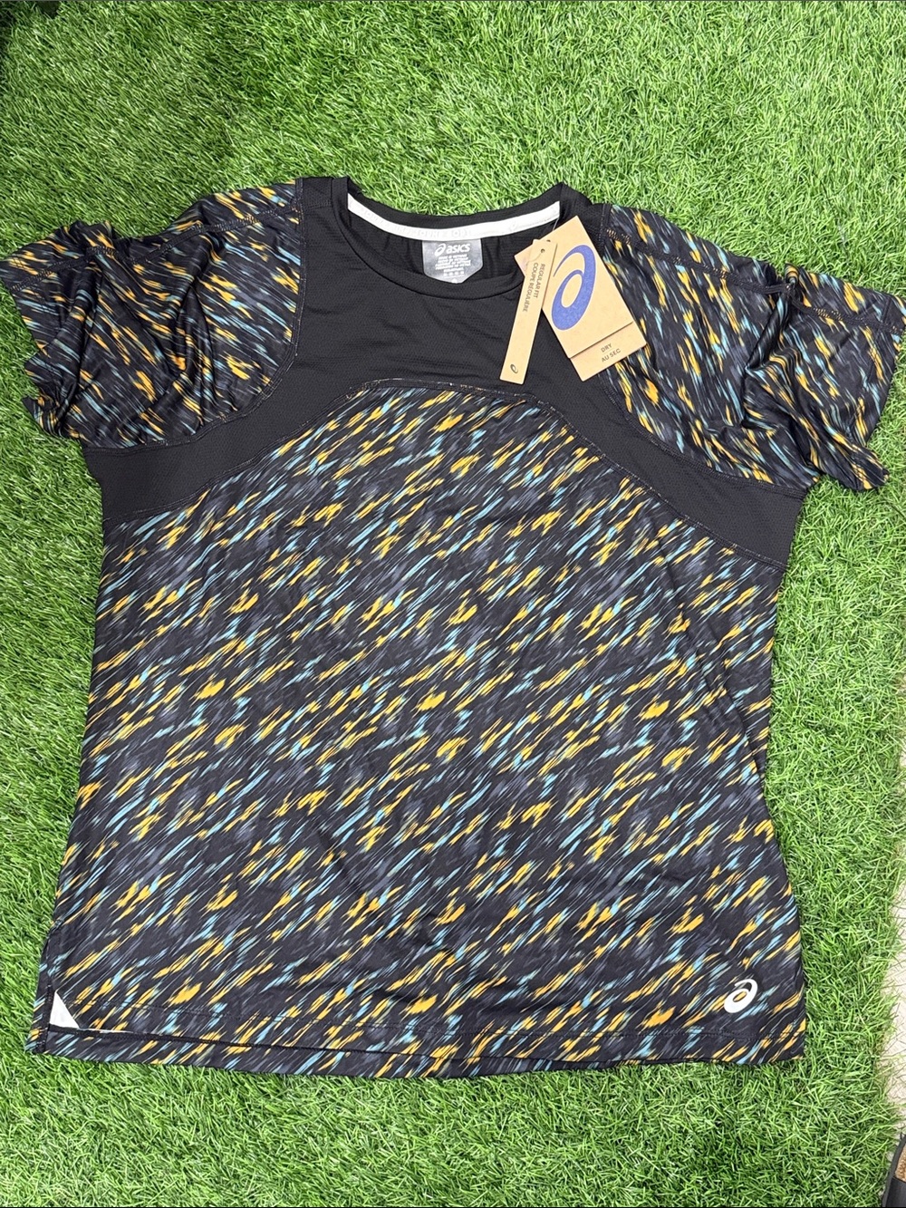 Asics Women’s Black Tee with Yellow & Blue Patterned Print